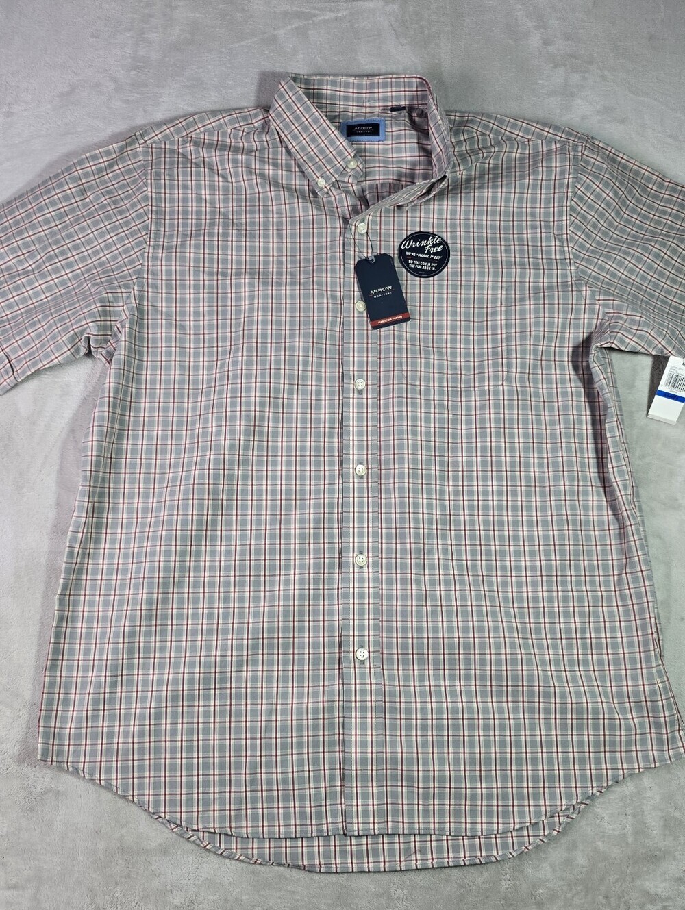 Arrow USA 1851 Hamilton Poplin Wrinkle Free Gray Plaid Button Up Shirt Sz XL